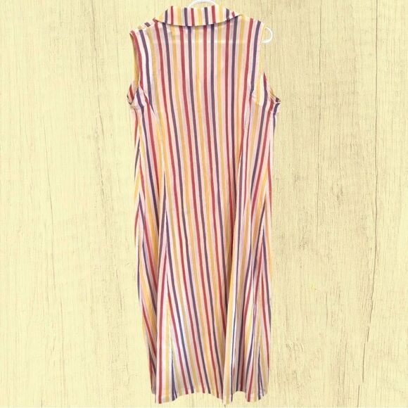 Vintage vertical striped button down midi dress sleeveless collar - Picture 2 of 5